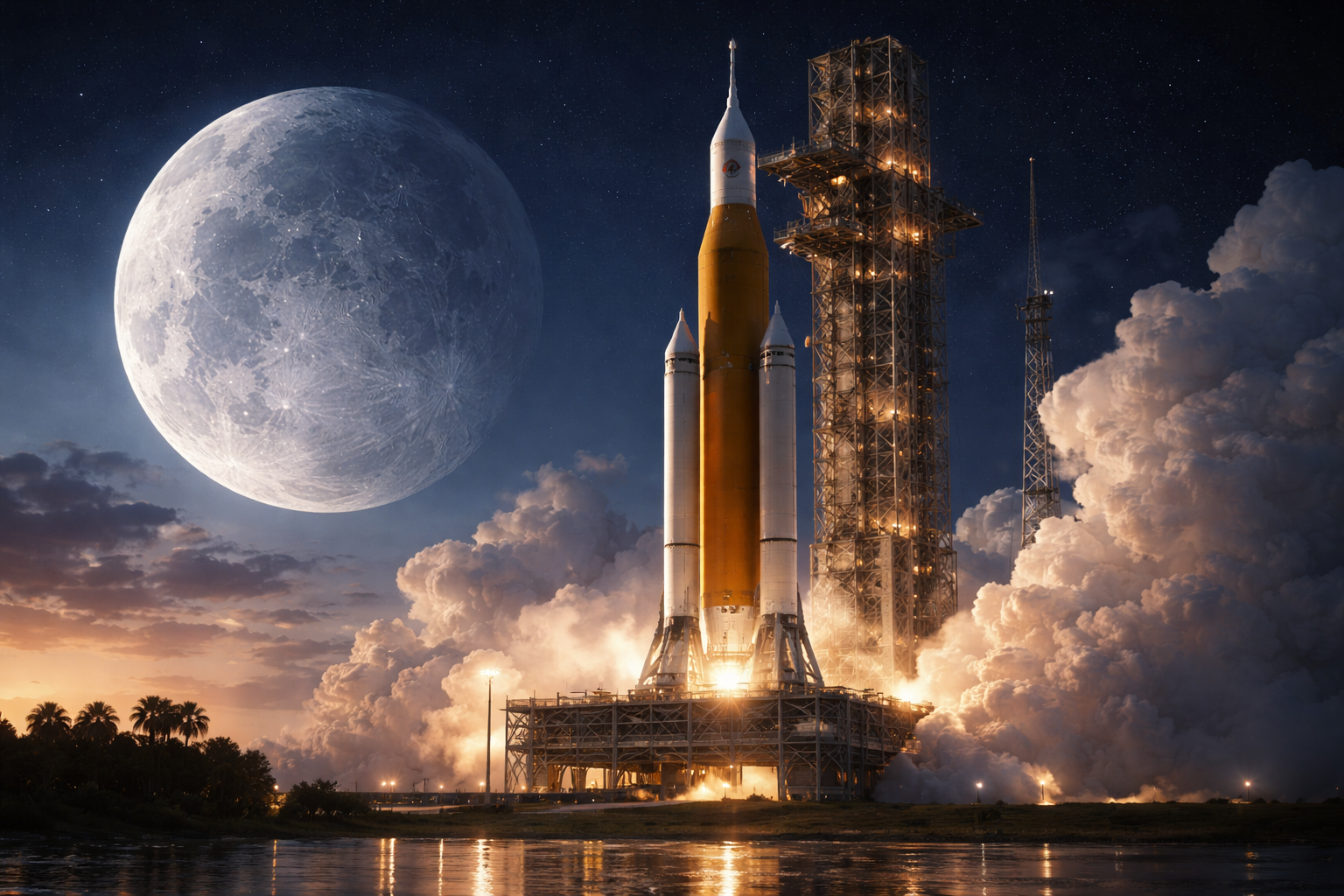 Ракета NASA Space Launch System із кораблем Orion на стартовому майданчику перед місією Artemis 2